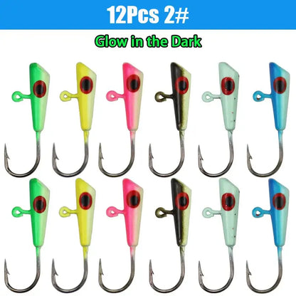 Colorful ice fishing jigs set of 12 with glow in the dark features for enhanced visibility during fishing trips