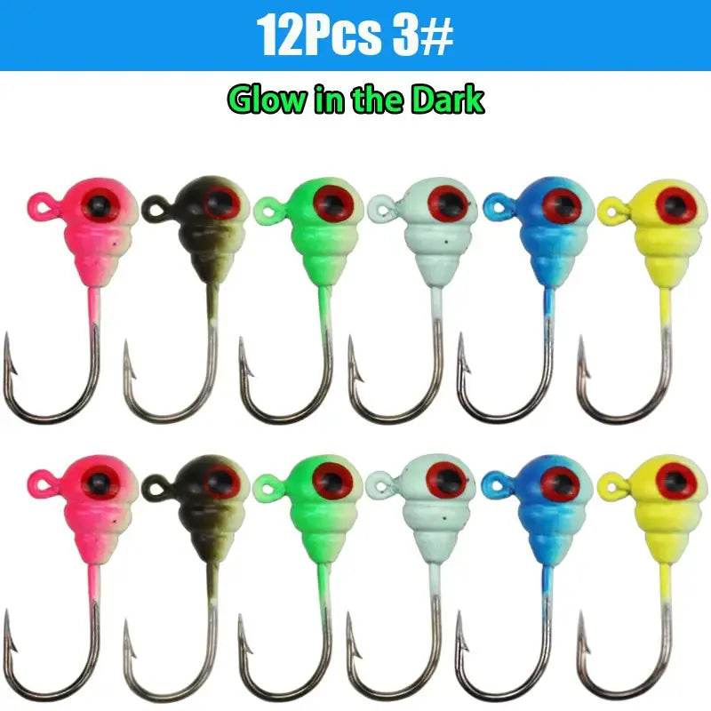 12 colorful ice fishing jigs in glow in the dark styles for effective ice fishing
