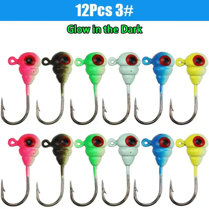 12 colorful ice fishing jigs in glow in the dark styles for effective ice fishing