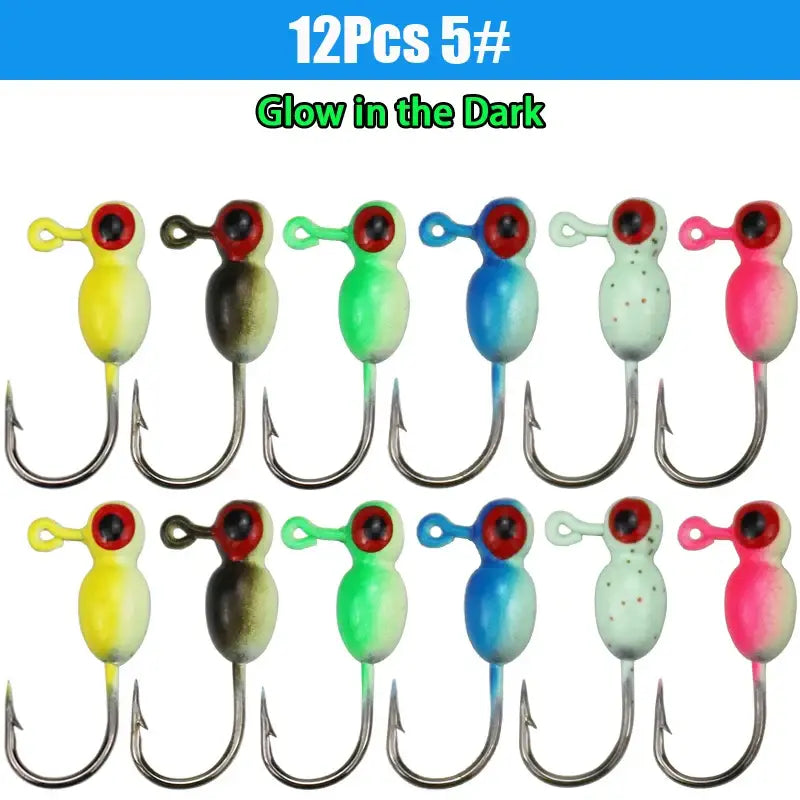 12 colorful ice fishing jigs that glow in the dark, ideal for attracting fish in winter conditions
