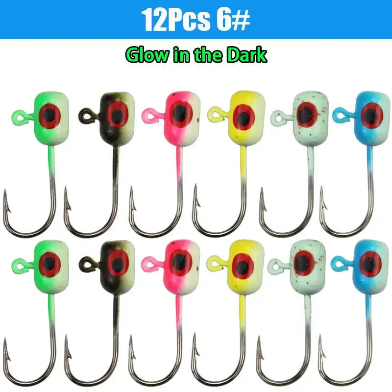Set of 12 colorful ice fishing jigs with glow in the dark features for enhanced visibility