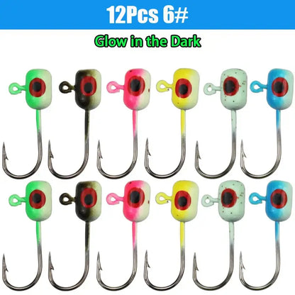 Set of 12 colorful ice fishing jigs with glow in the dark features for enhanced visibility