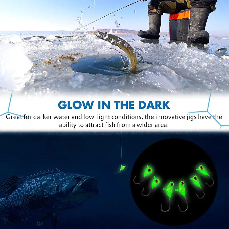 Colorful ice fishing jigs designed to attract fish in low-light conditions during ice fishing