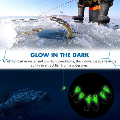 Colorful ice fishing jigs designed to attract fish in low-light conditions during ice fishing