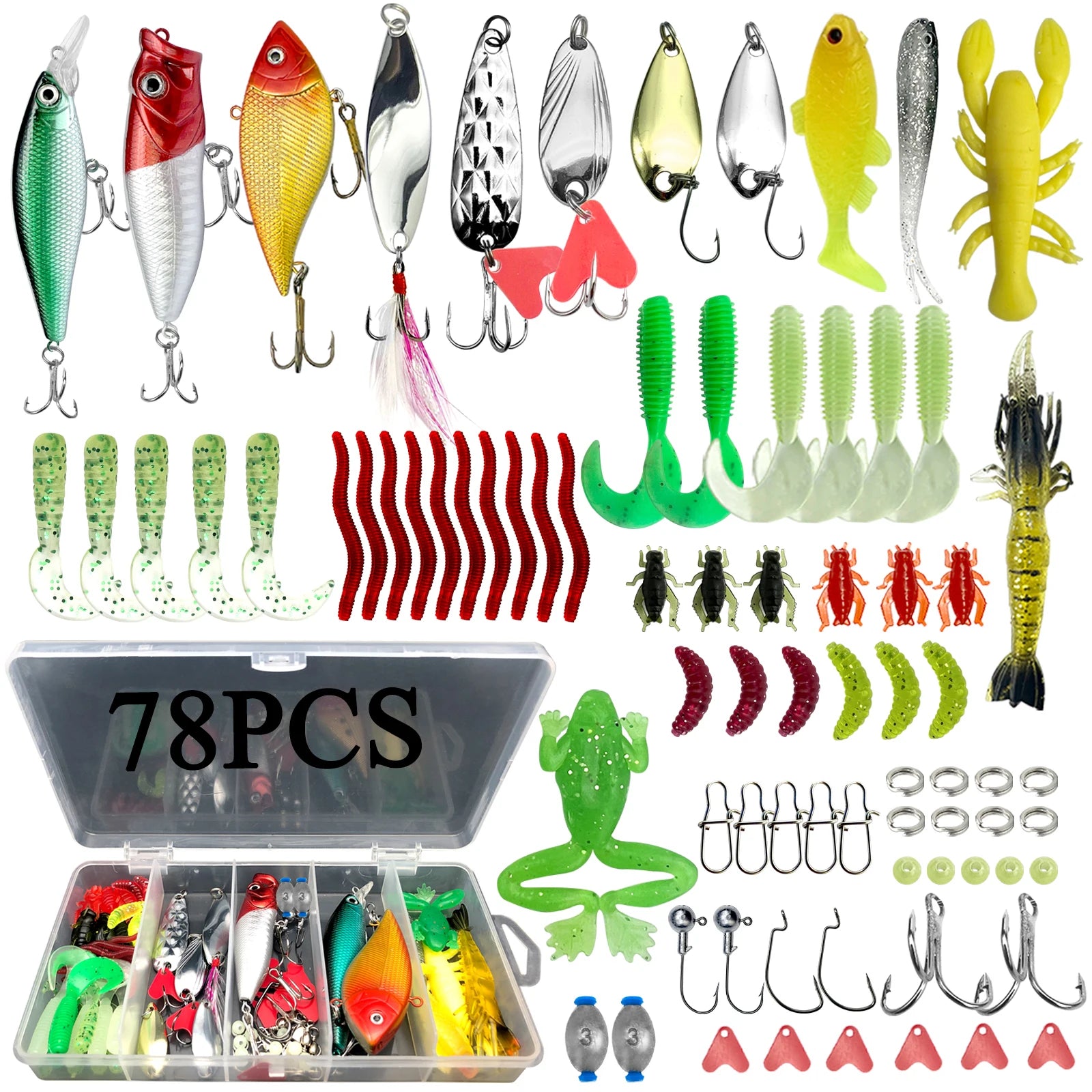 Comprehensive fishing lure kit 284 pieces with various lures, hooks, and tackle organization