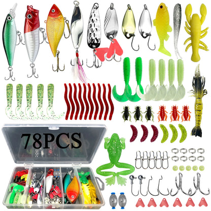 Comprehensive fishing lure kit 284 pieces with various lures, hooks, and tackle organization