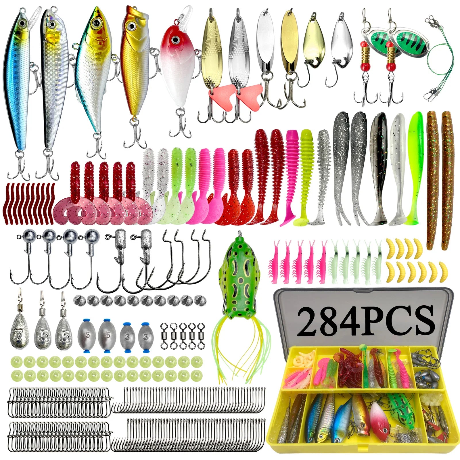 Comprehensive fishing lure kit 284 pieces featuring a variety of lures, hooks, and tackle for all fishing needs