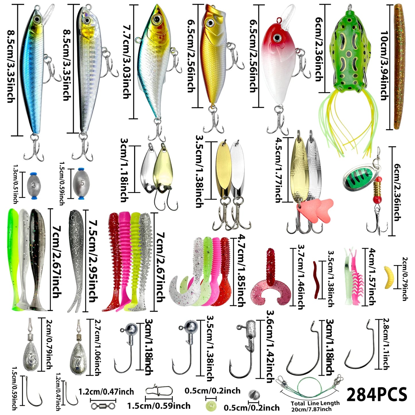 Comprehensive fishing lure kit 284 pieces with assorted lures and hooks for various fishing needs