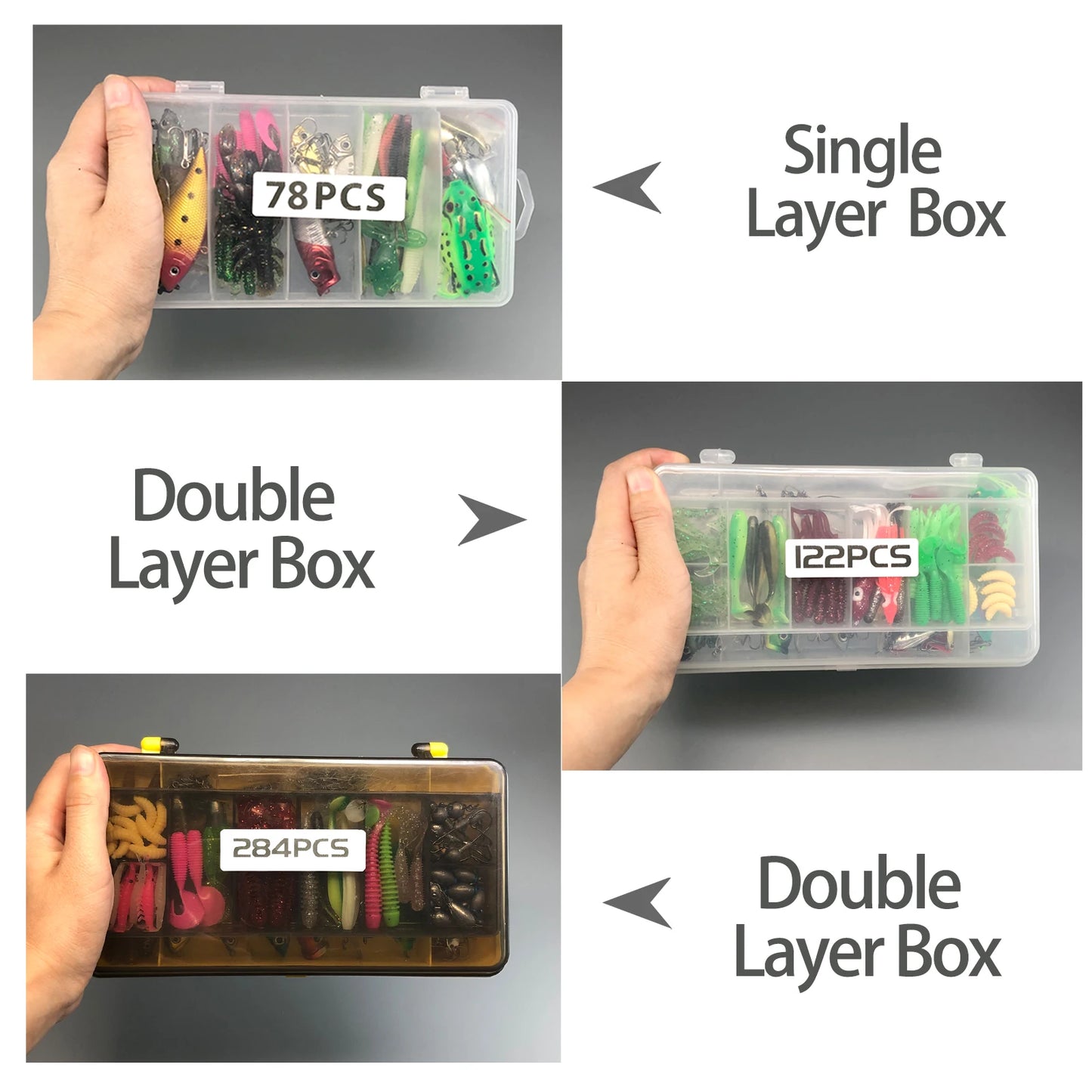 Comprehensive fishing lure kit 284 pieces in clear double layer box for a variety of fishing needs