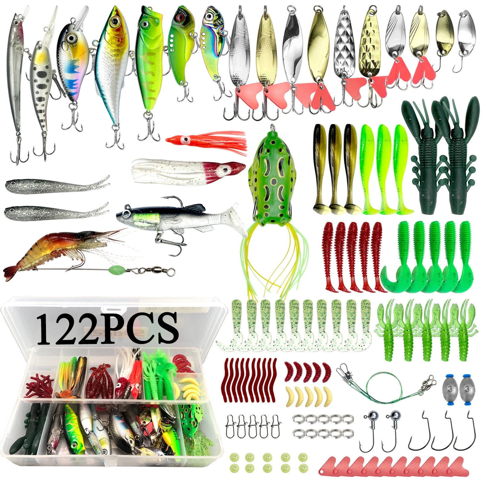 Comprehensive fishing lure kit 284 pieces with assorted lures, hooks, and accessories for all fishing needs