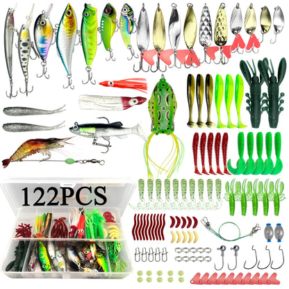 Comprehensive fishing lure kit 284 pieces with assorted lures, hooks, and accessories for all fishing needs