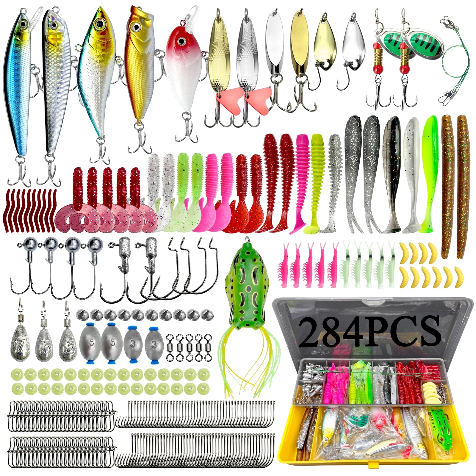 Comprehensive fishing lure kit 284 pieces with various lures, hooks, and tackle accessories organized in a clear tackle box