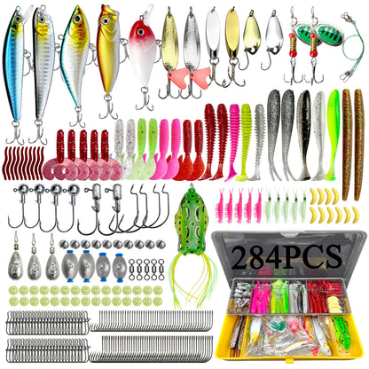 Comprehensive fishing lure kit 284 pieces with various lures, hooks, and tackle accessories organized in a clear tackle box