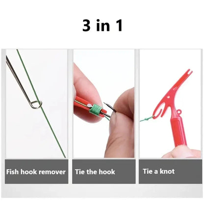 3-in-1 tool featuring a dual purpose fishing hook remover, hook tying, and knot tying functions
