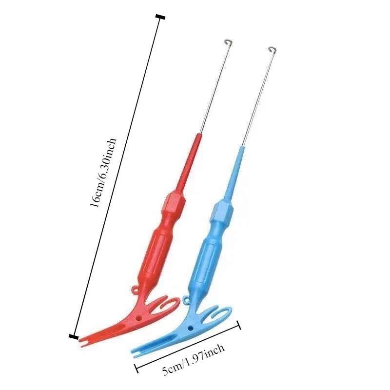 Dual purpose fishing hook remover set in red and blue, measuring 10cm and 5cm for easy use