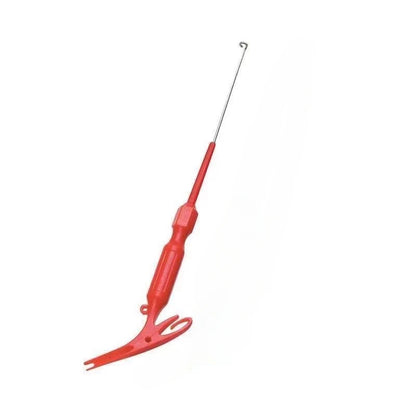 Red dual purpose fishing hook remover with a sturdy design for easy fish handling