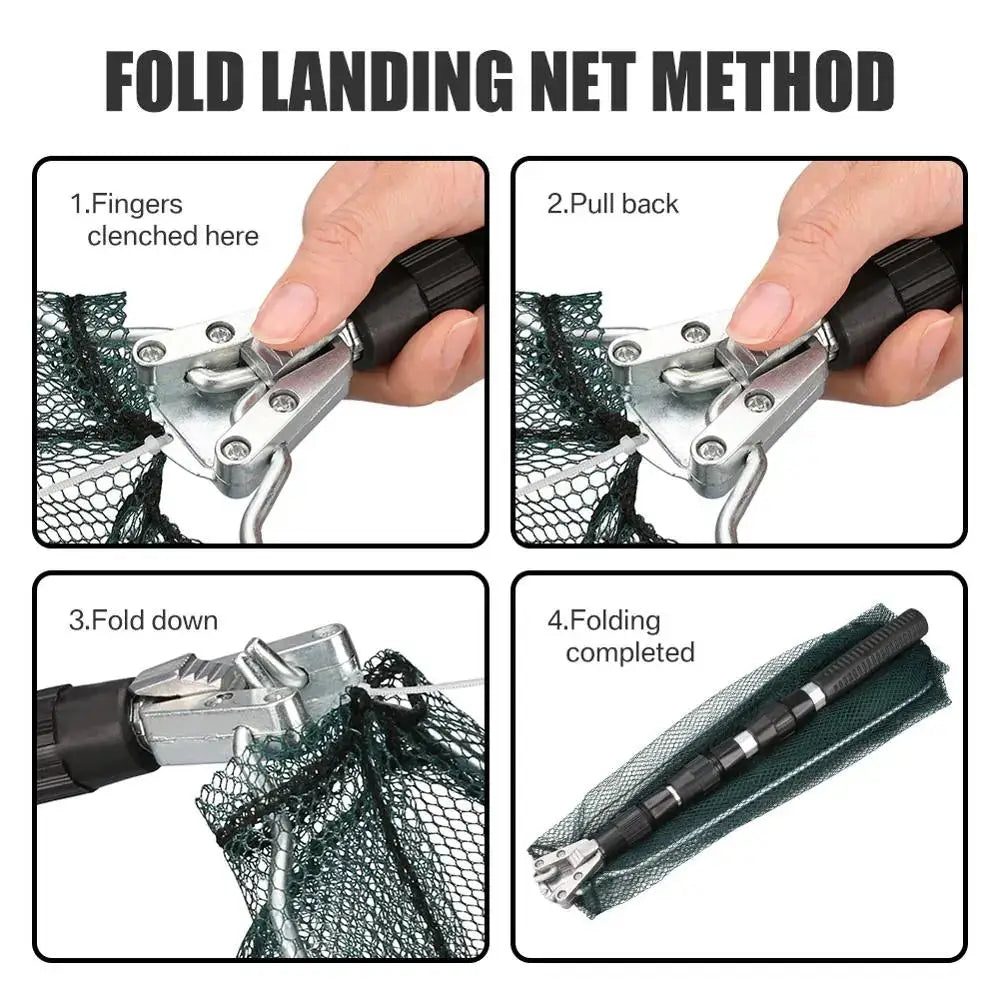 How to fold durable landing nets for anglers, demonstrating fold method step by step