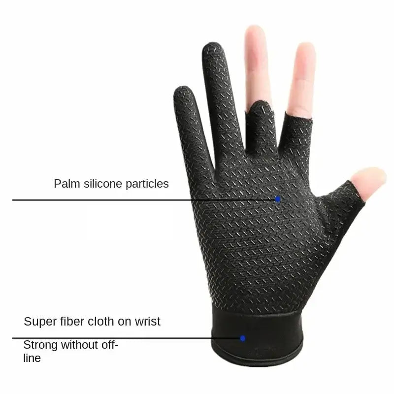 Easy grip fishing gloves with silicone particles for improved grip and flexible wrist support