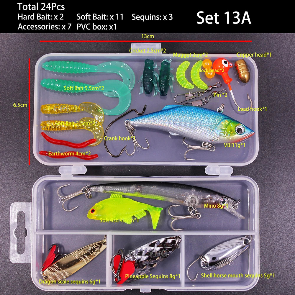 Set of 24 fishing lures in a clear box, featuring soft and hard baits for the best fishing lure kit online.