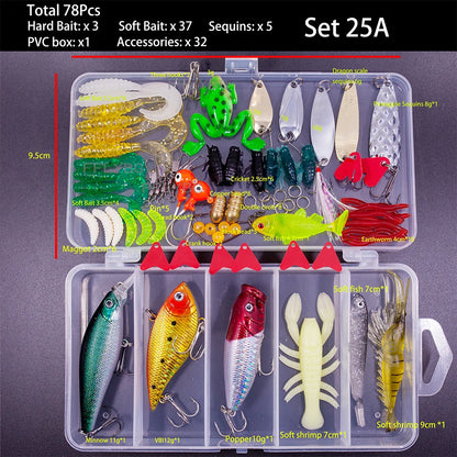 Complete best fishing lure kit online with 78 pieces including various hard and soft baits in a PVC box
