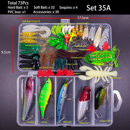 Best fishing lure kit online with 73 pieces including soft baits, hard lures, and accessories in storage box.