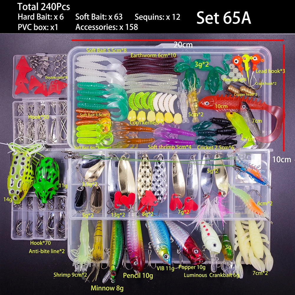 Best fishing lure kit online featuring 240 pieces of assorted lures and accessories in a clear storage box