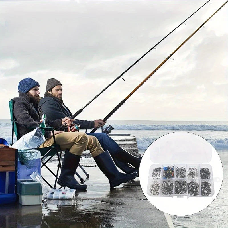 Men fishing with rods near the ocean showcasing a 115 piece fishing connector set in a storage box
