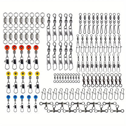 115 piece fishing connector set including various swivel and snap types for versatile fishing needs