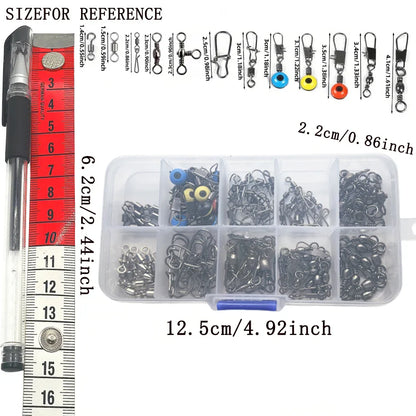 115 piece fishing connector set in organized box with various sizes for diverse fishing needs