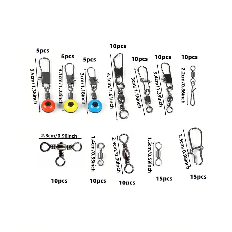 115 piece fishing connector set with various sizes and colors for versatile fishing needs