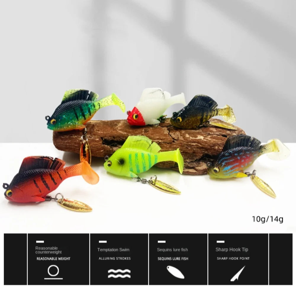 Variety of dark sleeper fishing lures on a natural log with vibrant colors and fish-like designs