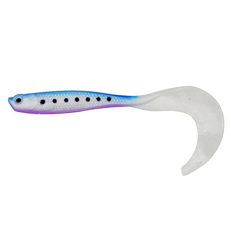 Blue and white T-tail fishing lures designed for attracting various fish species