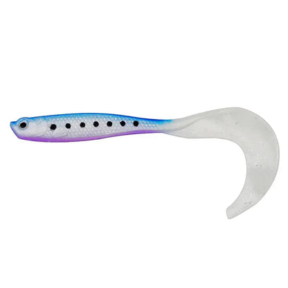 Blue and white T-tail fishing lures designed for attracting various fish species