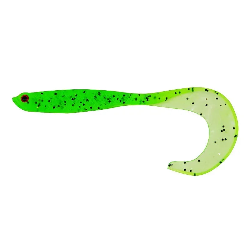 Bright green T-tail fishing lures with black speckles for effective fishing in various waters