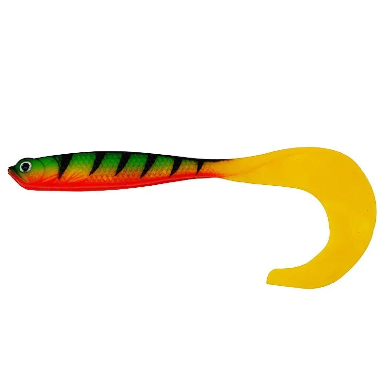 Brightly colored T-tail fishing lures with a curved tail design for attracting various fish species