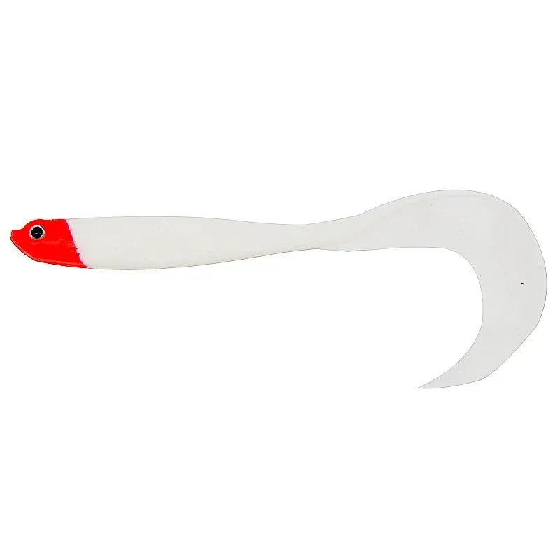 White T-tail fishing lure with red head, ideal for attracting a variety of fish