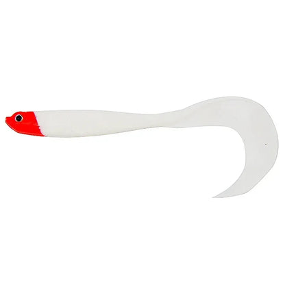 White T-tail fishing lure with red head, ideal for attracting a variety of fish