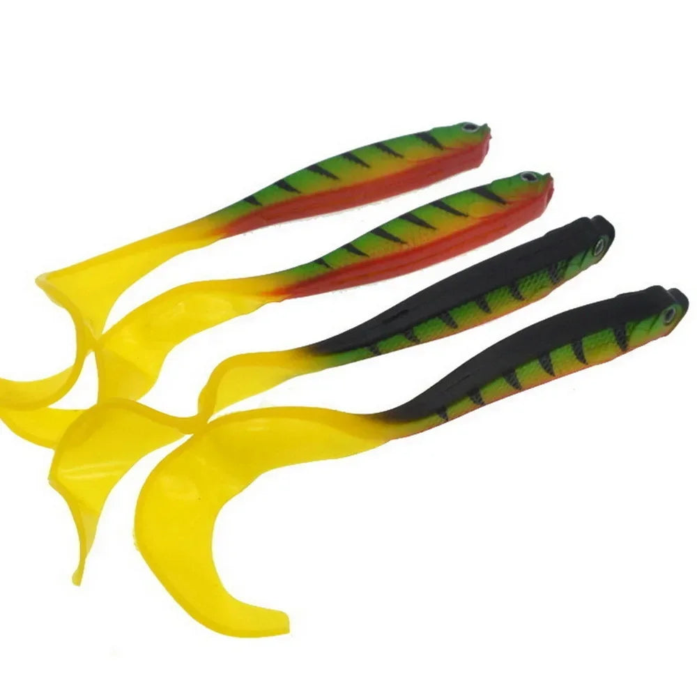 Set of vibrant T-tail fishing lures in yellow and green for attracting various fish species