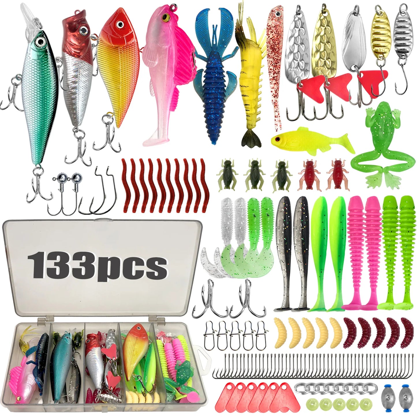 All-in-one fishing tackle set with diverse lures, hooks, and accessories in a storage box