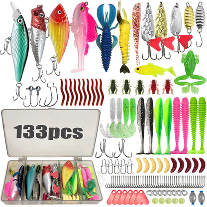 All-in-one fishing tackle set with diverse lures, hooks, and accessories in a storage box