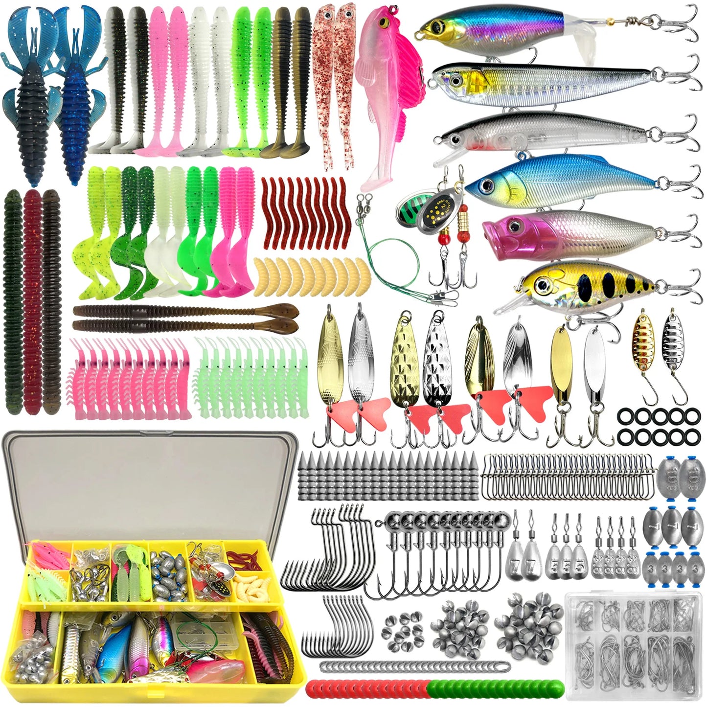 Comprehensive all-in-one fishing tackle set with various lures, hooks, and storage box for successful fishing outings