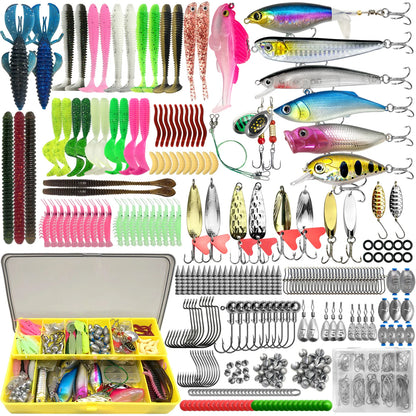 Comprehensive all-in-one fishing tackle set with various lures, hooks, and storage box for successful fishing outings
