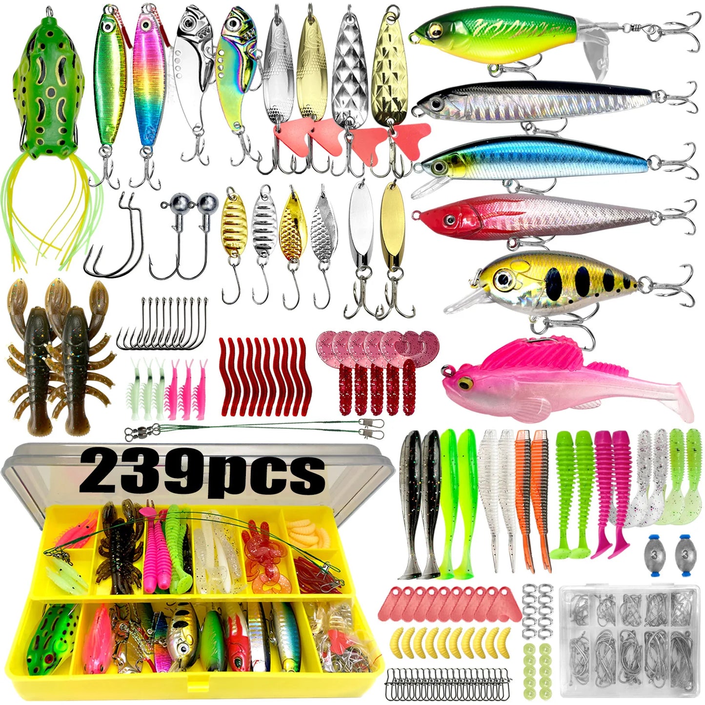 239-piece all-in-one fishing tackle set with various lures and hooks for all fishing needs