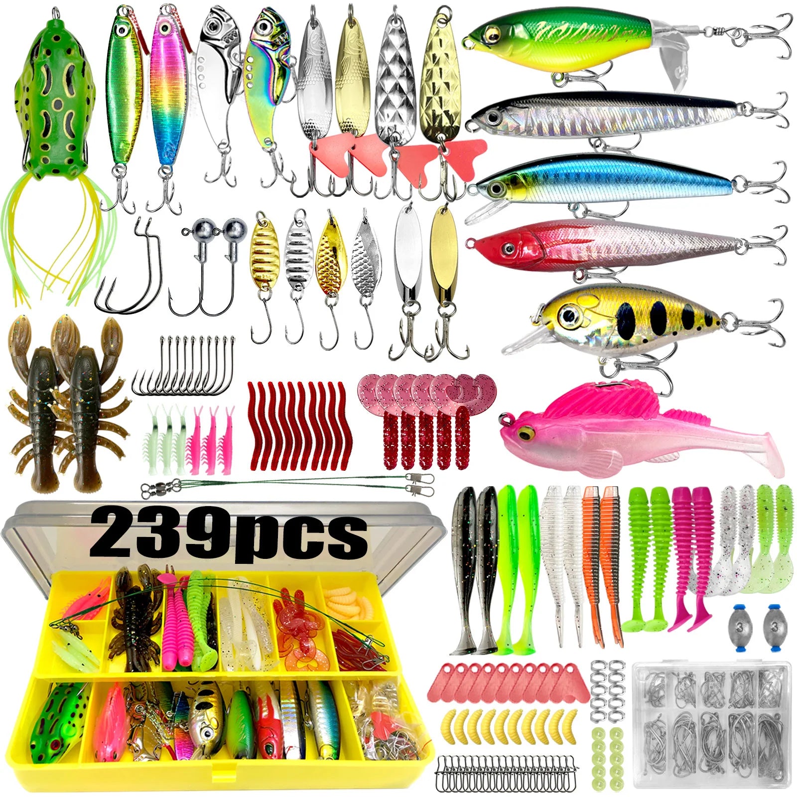 239-piece all-in-one fishing tackle set with various lures and hooks for all fishing needs