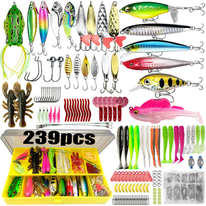 239-piece all-in-one fishing tackle set with various lures and hooks for all fishing needs