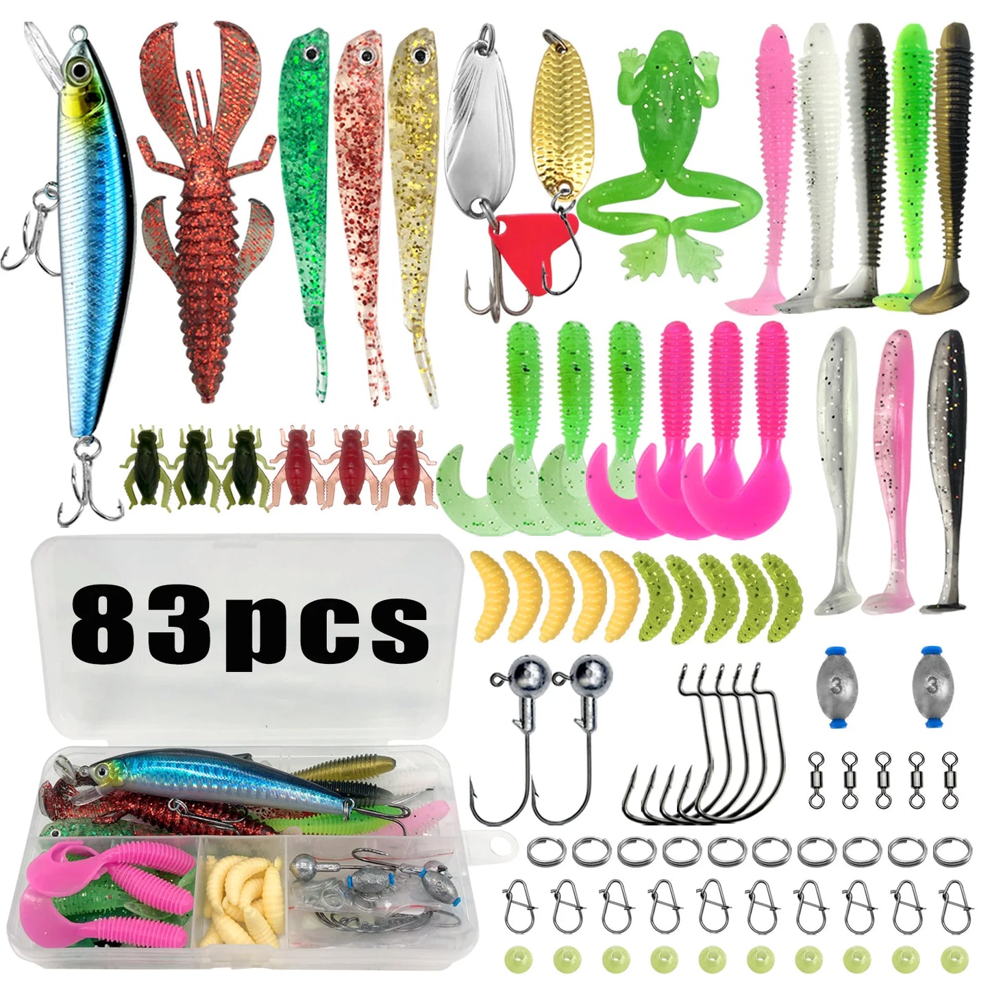All-in-one fishing tackle set with 83pcs including various lures, hooks, and accessories for anglers