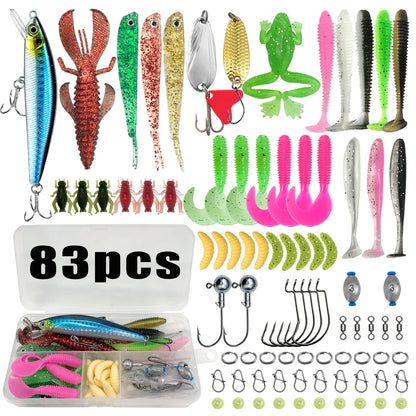 All-in-one fishing tackle set with 83pcs including various lures, hooks, and accessories for anglers