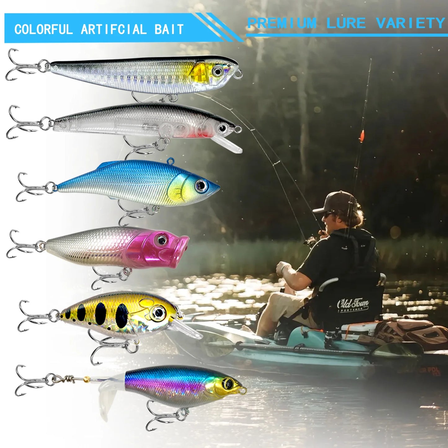 All-in-one fishing tackle set featuring colorful artificial bait for effective fishing