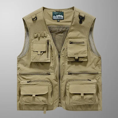 Tan fishing vest with multiple pockets, ideal for anglers, the best fishing vest for anglers