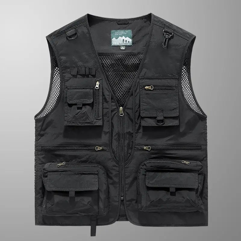Durable black fishing vest with multiple pockets, ideal for carrying gear for the best fishing vest for anglers